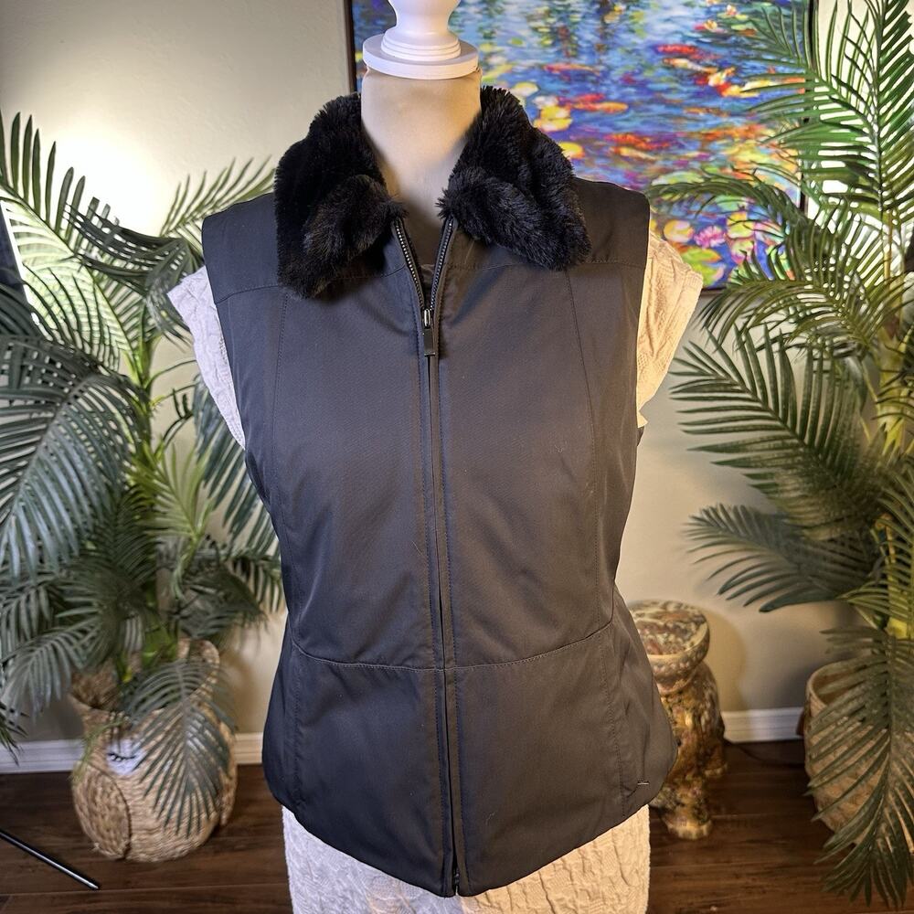 Ann Taylor Petites Women MP Vest Black Faux Fur collar lining